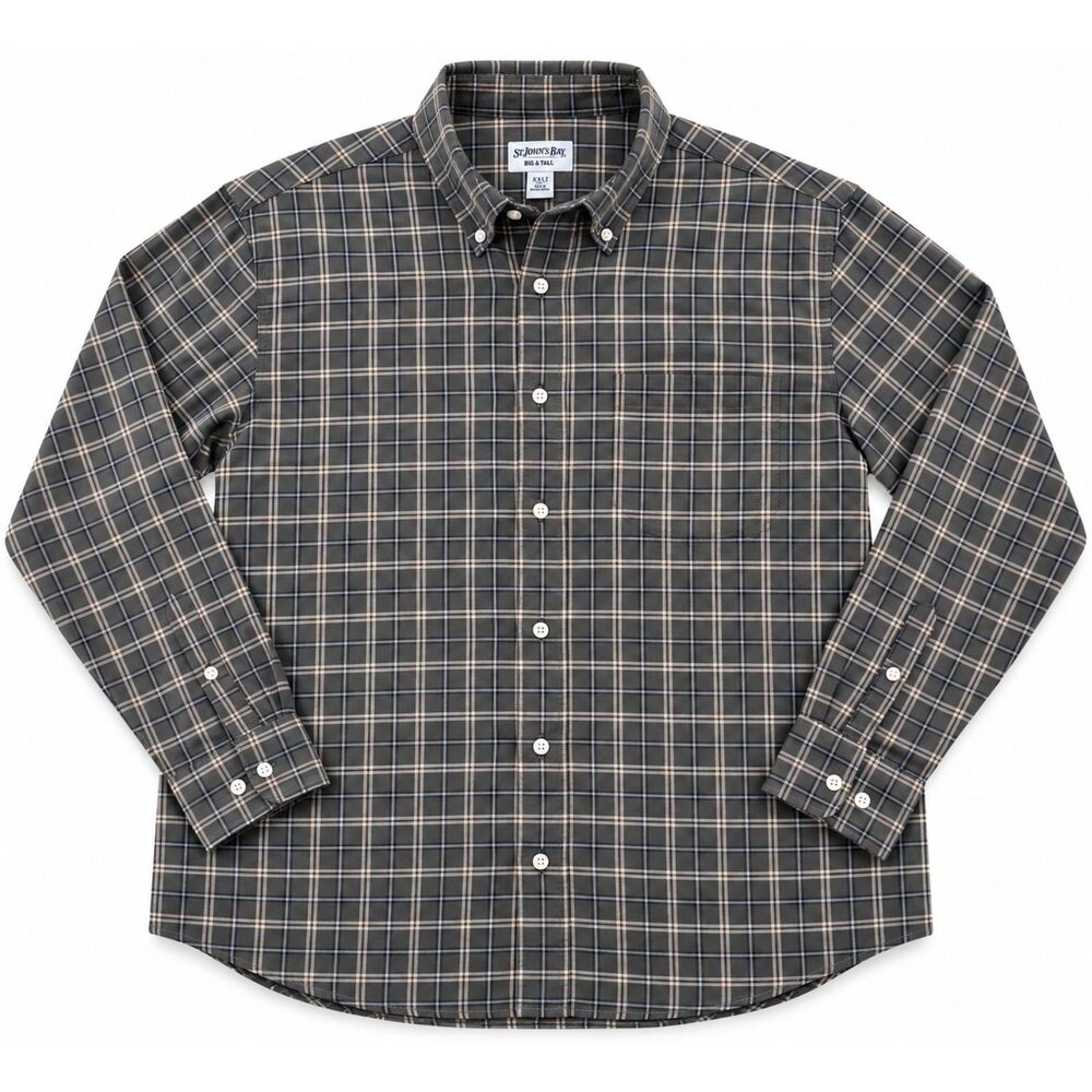 St. Johns Bay Mens XL Plaid Button Down Shirt Green Iron Free Long Sleeve